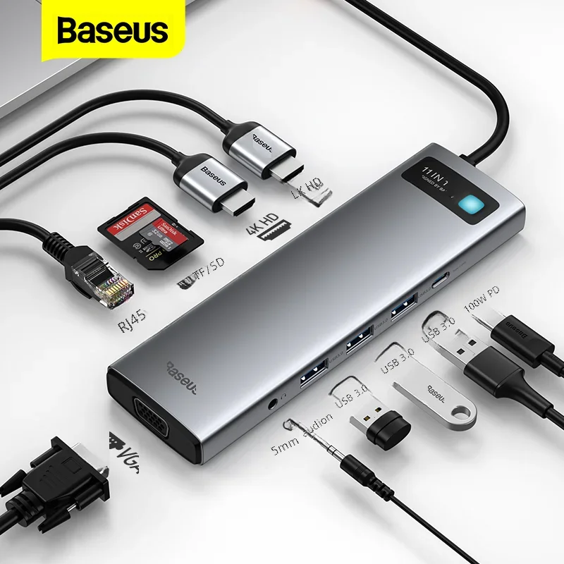 Baseus USB C HUB USB 3.0 Type C To HDMI-compatible RJ45 SD Reader Adapter 8 in 1 USB-C HUB Splitter For MacBook Pro Air Notebook