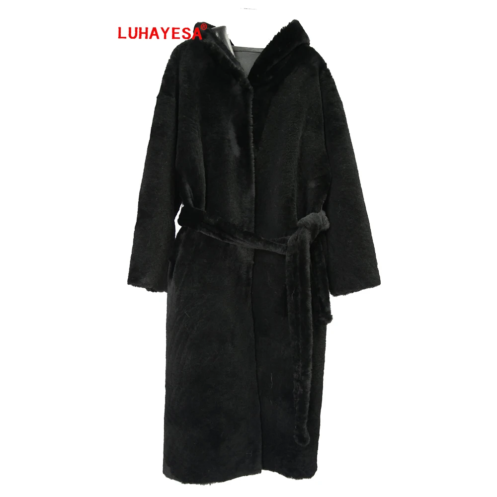 

2023 LUHAYESA Women Extra Long Merino Sheepskin Fur Shearling Outerwear Gray Black Real Fur