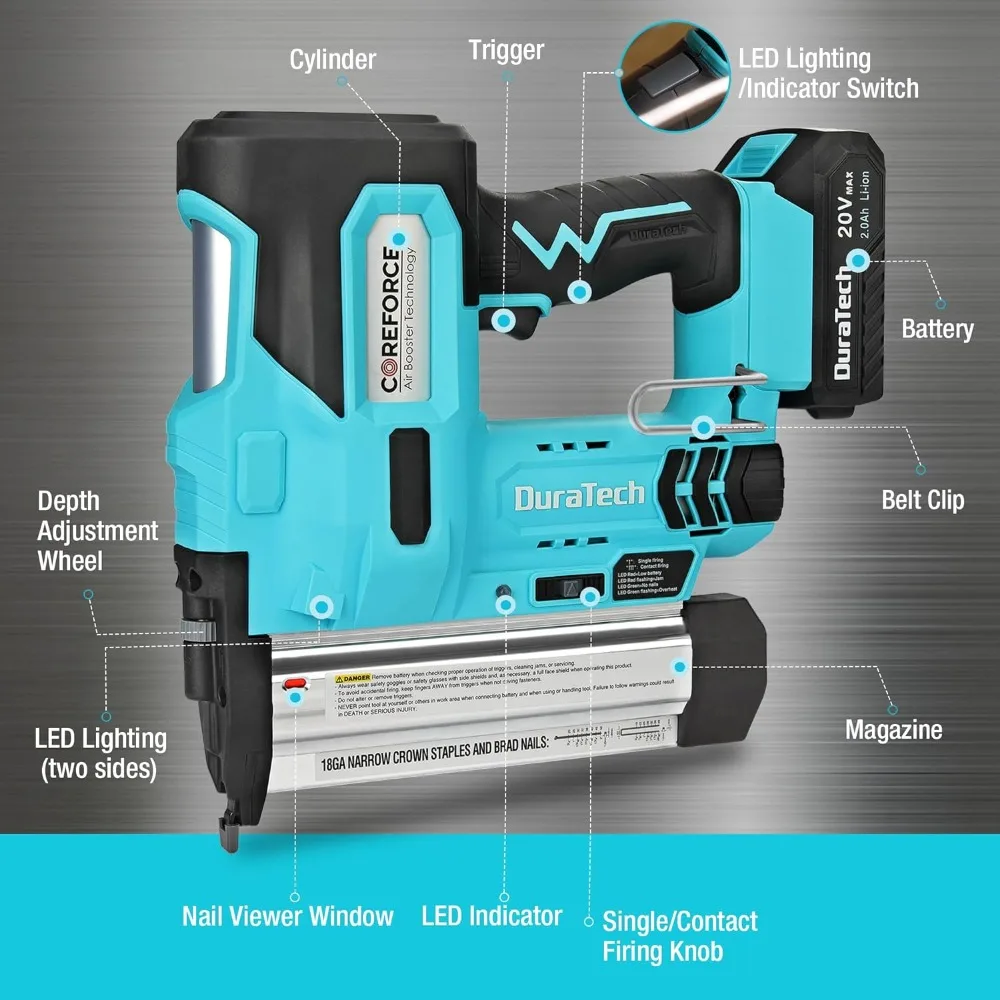 20V Cordless Brad Nailer, 18 Gauge, 2-in-1 Nail/Staple Gun for Upholstery, Carpentry, Including 2.0Ah Rechargeable Battery