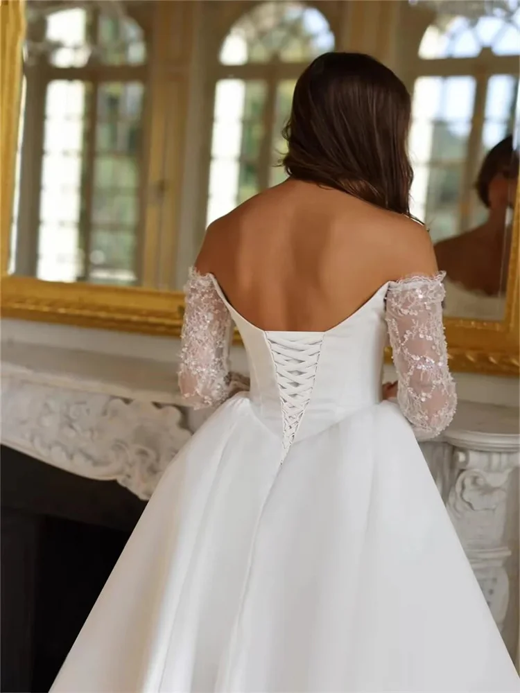 Robe de mariée en Satin, épaules dénudées, manches longues, ligne a, élégante, à lacets dans le dos, longueur au sol, fente latérale, personnalisée