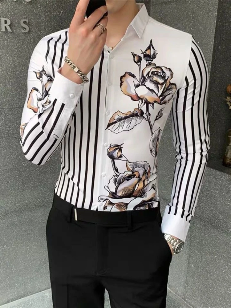 

Мужская рубашка с цветочным принтом, весенняя облегающая повседневная рубашка с длинным рукавом для молодежи, модный стиль, универсальный модный топ