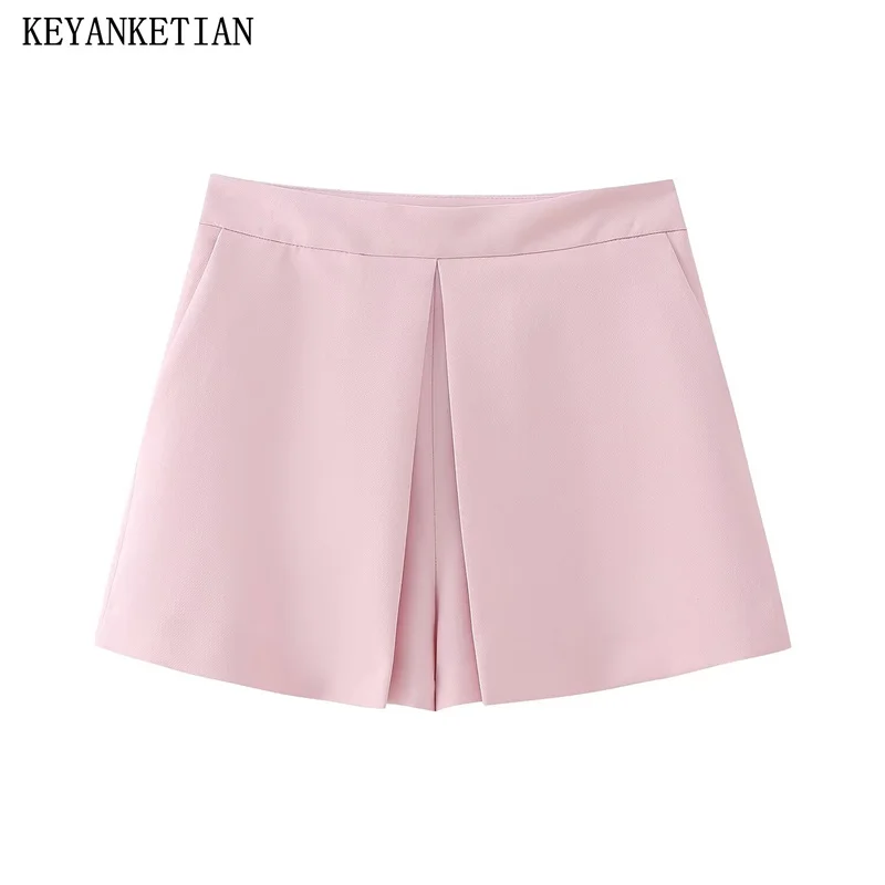 KEYANKETIAN 2024 New Launch Women's Pink Pleated Culottes Summer Back Zipper High waist A Line Short Wide-Leg Pants Trousers