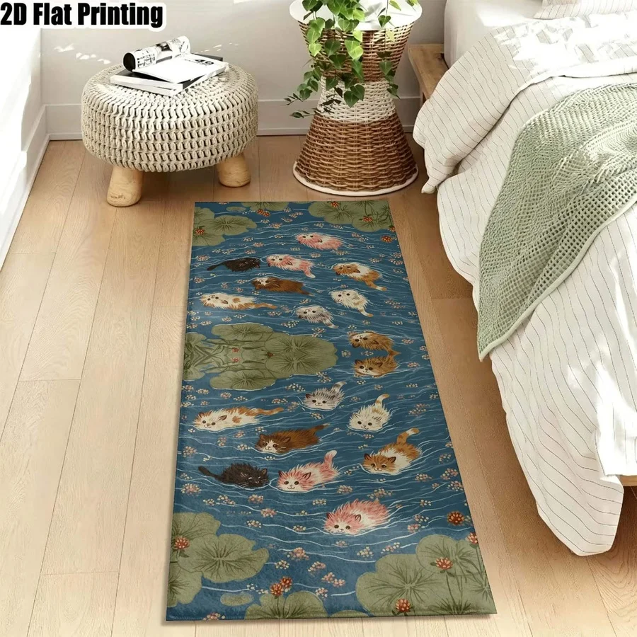 1Pc Bohemian Style Cat Lotus Leaf Pattern Printed Long Carpet, Cartoon Cute Style Carpet, Suitable for Bedroom, Living Room, Entrance, Bathroom, Bedside, Home Decoration