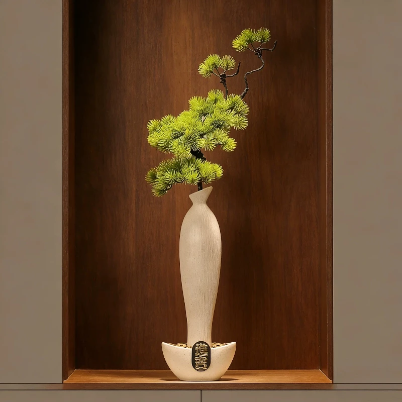 Lucky Bear Ceramic Tall Slender Vase, New Chinese Ornament for Entryway, Welcome Pine Decor for Living  Elegant Tabletop Display