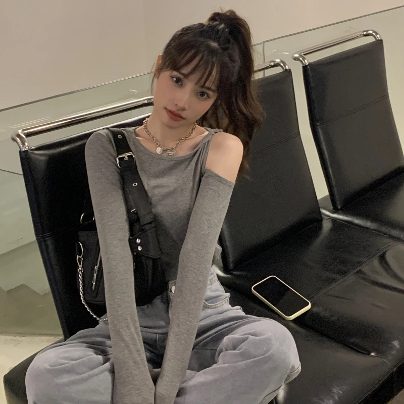 Spring and Autumn Long Sleeve Solid Color Top Design One Off-the-shoulder Spice Round Neck T-shirt Slim Bottom Shirt