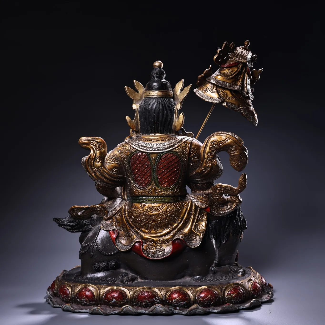 

18"Old China Collections Old Bronze Painted Cinnabar Vaisravana Treasure king Sitting God Beast Sitting Buddha Worship Hall