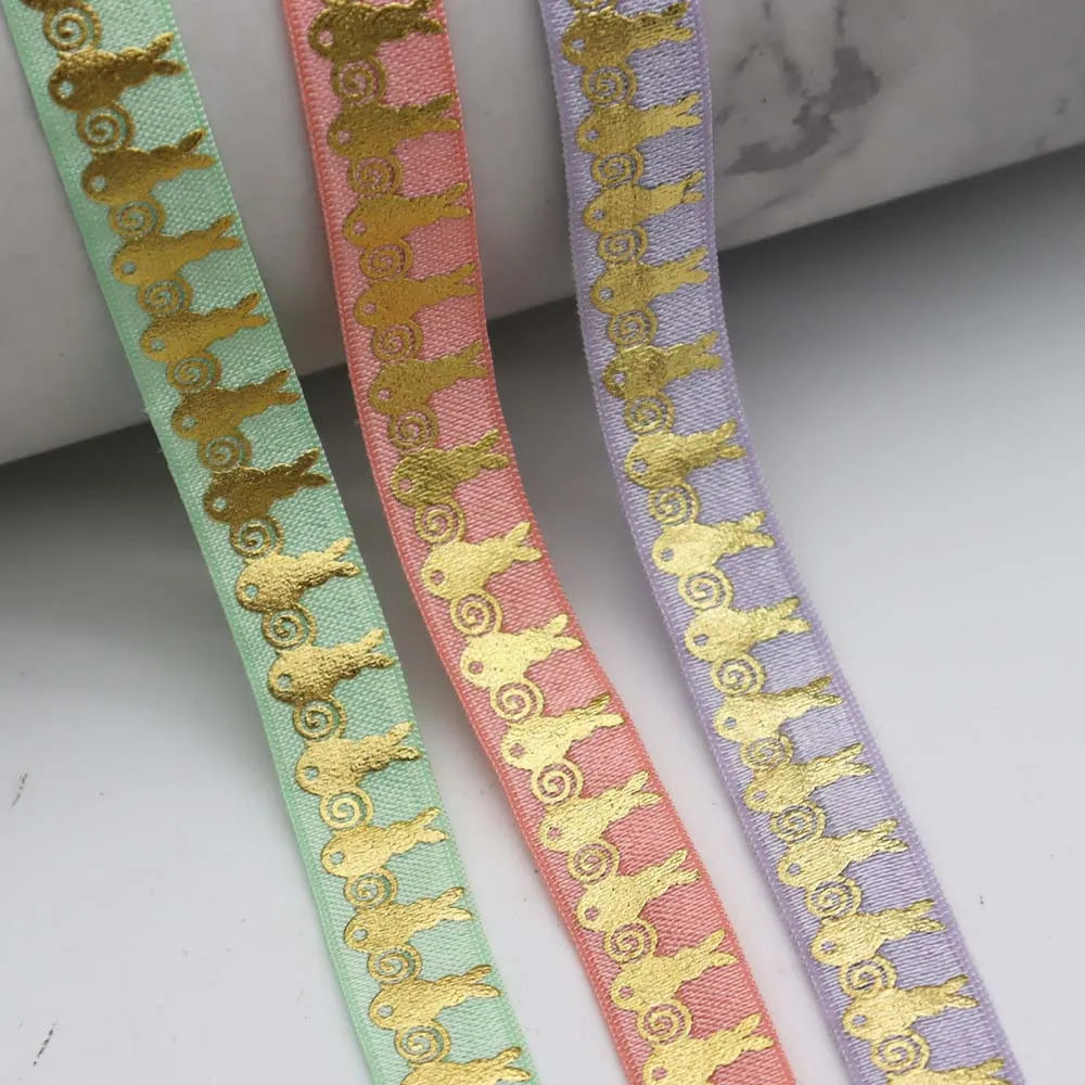 

5/8" 15mm Gold Foil Easter Bunny Cute Rabbit Printed Fold Over Elastic FOE Ribbon For Ponytail Hair Tie Hair Accessorie