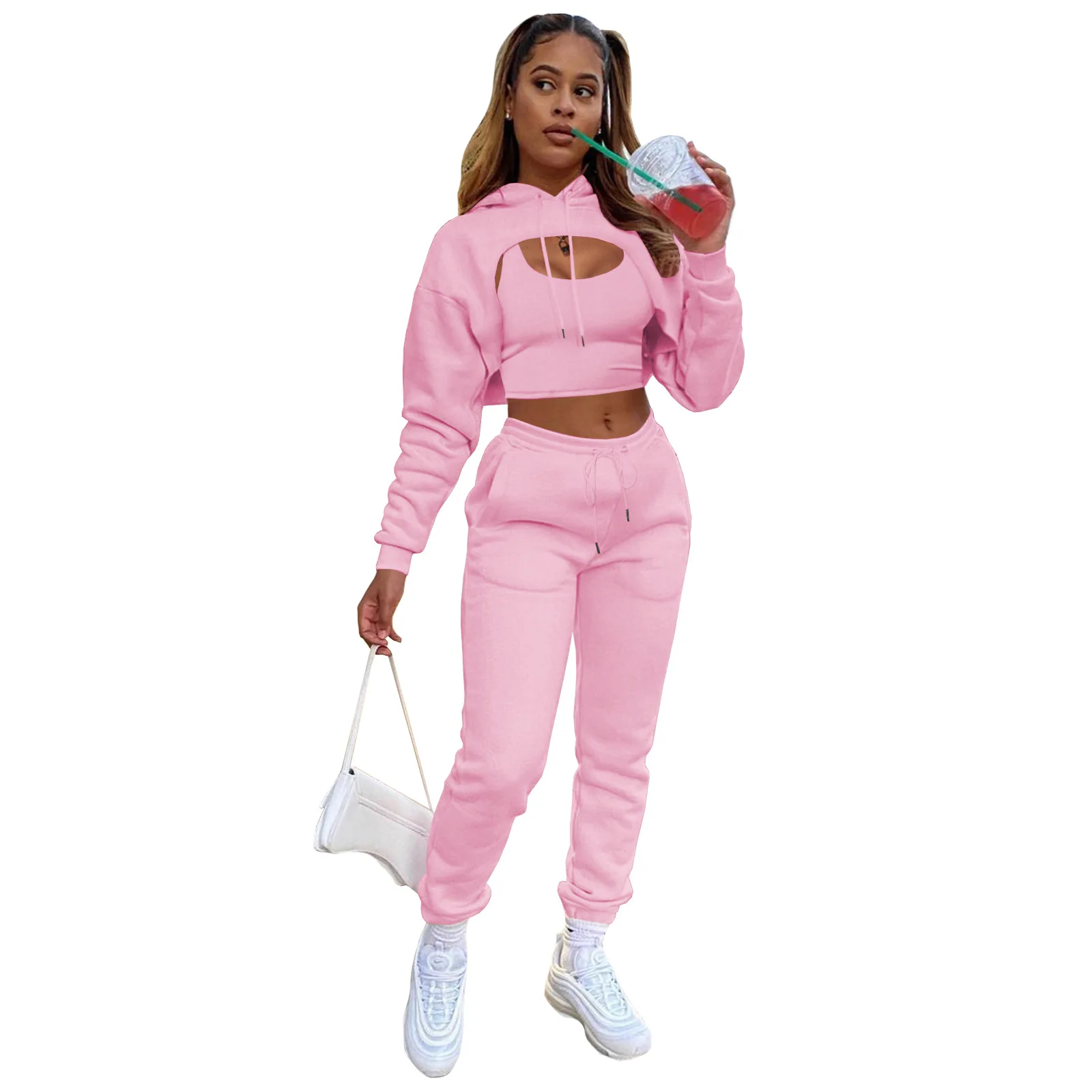 

Women 3 Pieces Sets Sweatpants and Hoodie Set Cropped Tops Fleece Pants Suit Tracksuit Fitness Sport Jogger Outfit Clothing