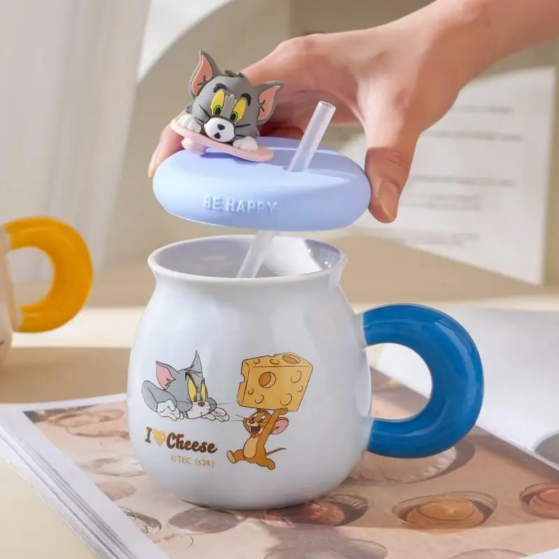 500Ml Anime Tom and Jerry Ceramic Mug with Lid Milk Coffee Cup Couple Water Cup Children Birthday Gift Christmas Gift For Girls