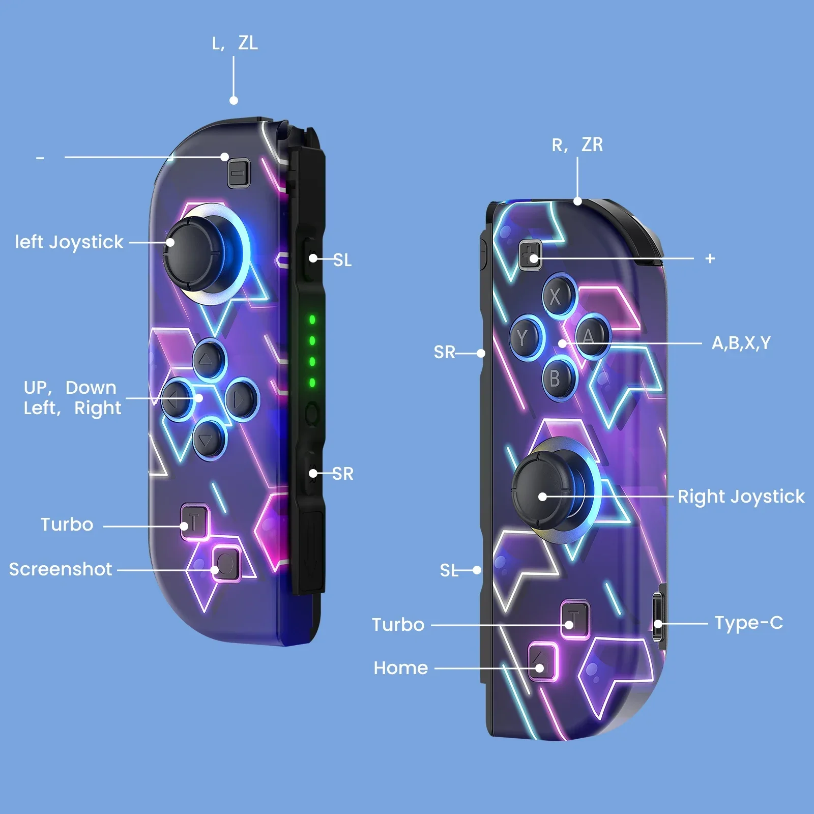 Джойстик для Nintendo Switch/OLED/Lite - вибрация Turbo Wake-up FUNC без дрейфа, беспроводной контроллер L/R, ручка RGB Light