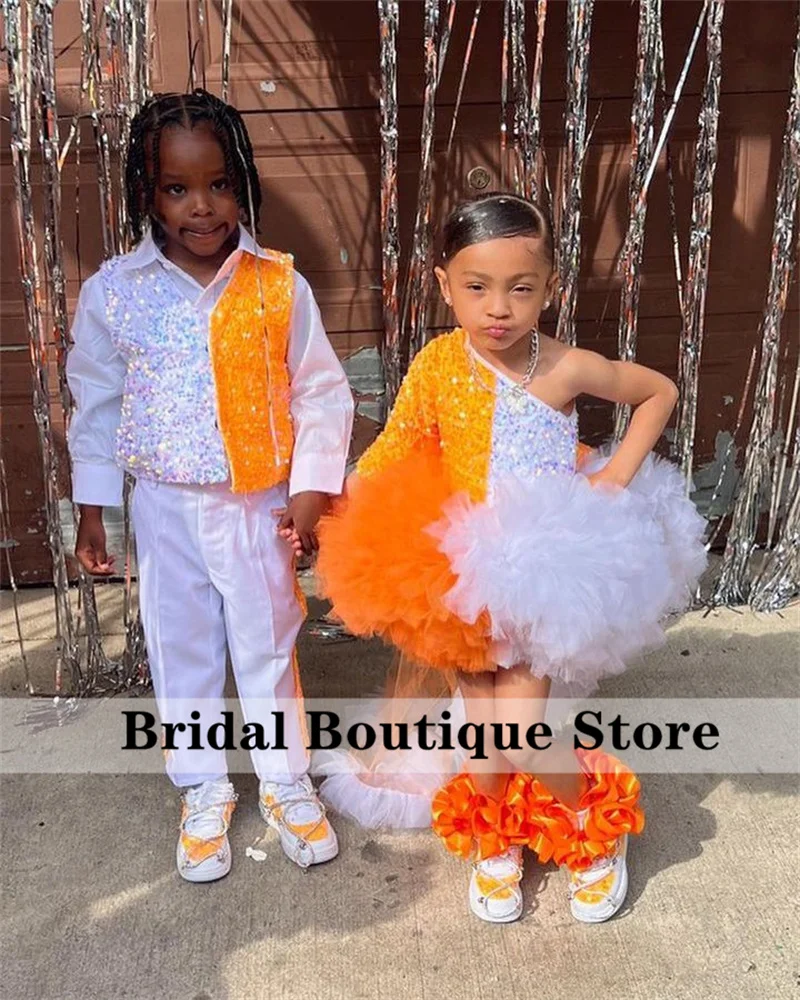 New Arrival 2024 Sparkly Orange and White Sequins Flower Girls Dress Child Princess Gown For Birthday PhotoShoot Customized 