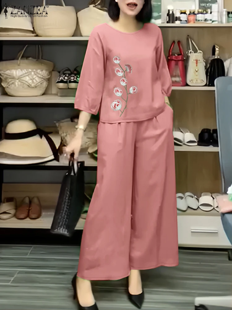 

ZANZEA Fashion Summer Outfits Casual Two Pieces Sets Elegant Work Tracksuits 2PCS Women 3/4 Sleeve Floral Blouse Pant Sets 2025