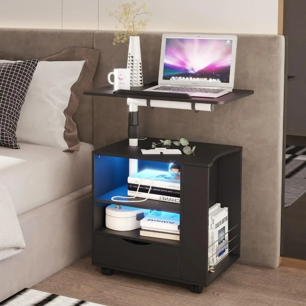 

LED Nightstand with Charging Station, Swivel Top Bedside Table with Wheels, Smart Night Stand with Laptop Table Workstation