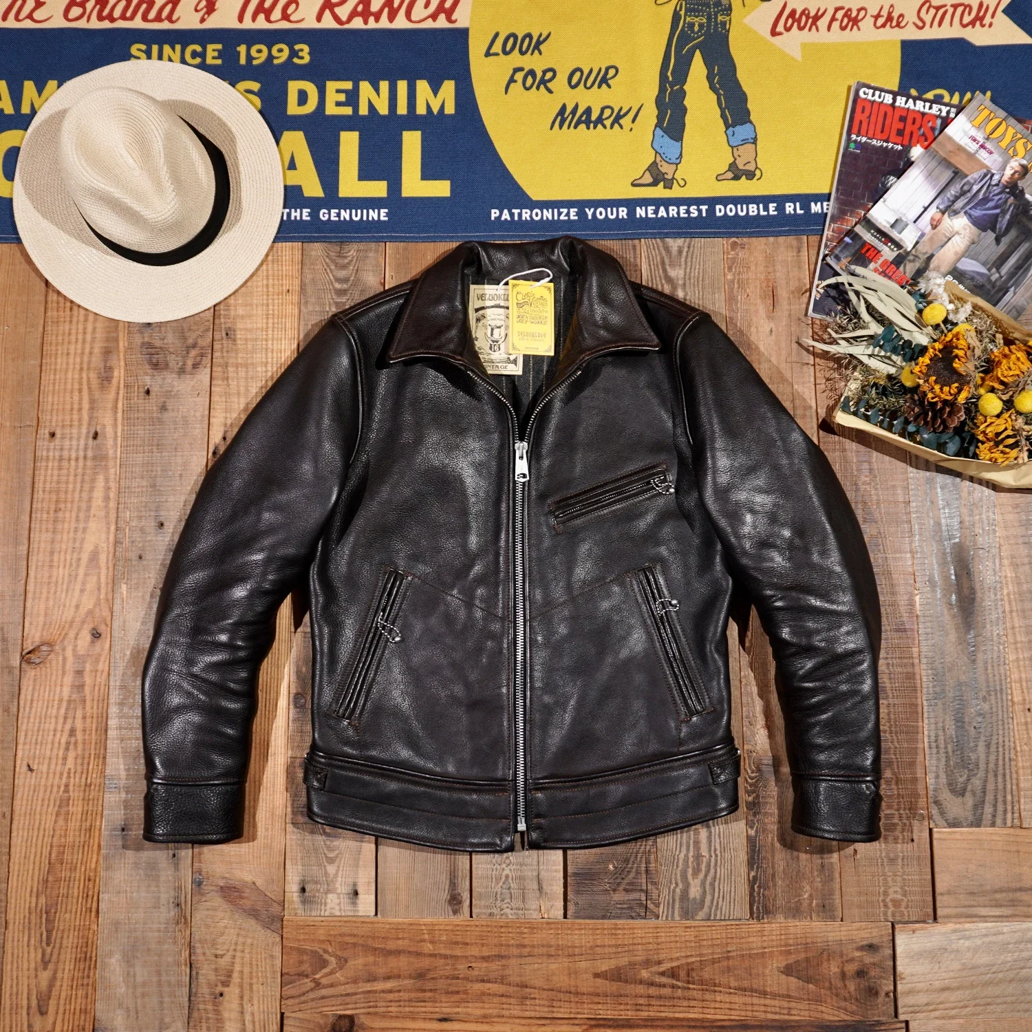 النمط الأمريكي الرجعية الحبوب الكاملة 1.6 سمك Muhandro جلد البقر سترة 1930 S الرجال دراجة نارية قصيرة الوقوف طوق