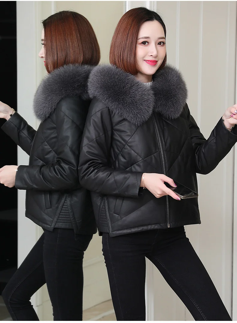 2023 New Winter Genuine Leather Jacket Women Fox Fur Collar Hooded Sheepskin Coat Luxury Clothes Down Jackets Mujer Ch