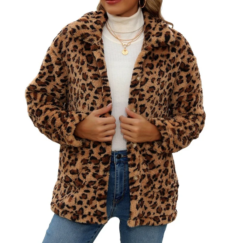 

Women Winter Thickened Fleece Jacket Lady Leopard Print Warm Coat Clothes Women's Clothing Loose Grid Top