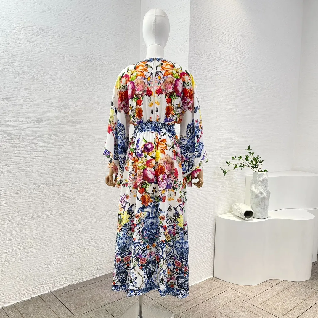 Silk White and Blue Porcelain Flowers Print Long Sleeve Diamonds Pressed V-Neck Midi Dress 2024 New Clothing