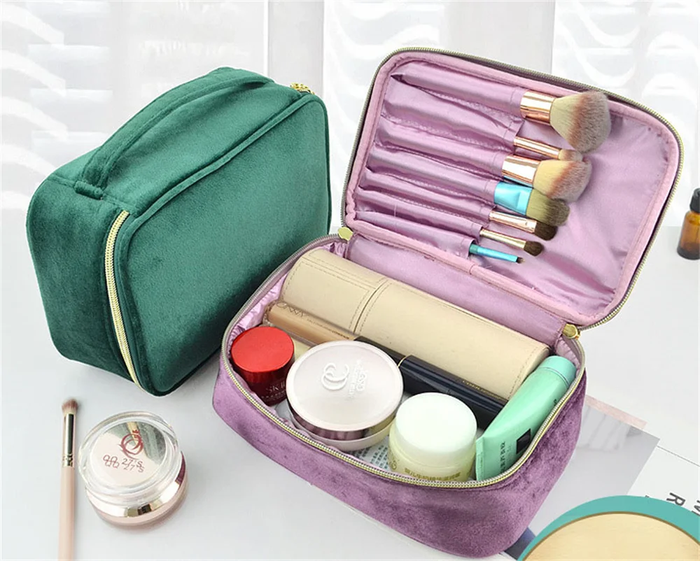 Borsa per il trucco in tinta unita borsa portatile portatile custodia per il trucco da viaggio di grande capacità borsa con cerniera ultraleggera