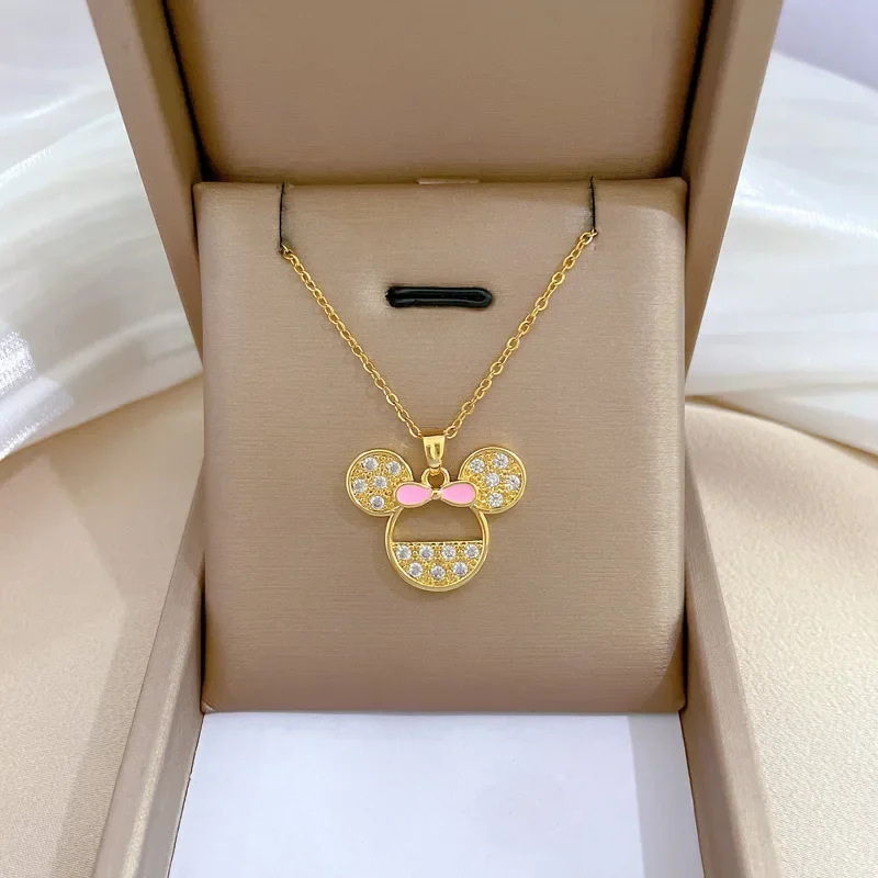 Stainless Steel Disney Cartoon Pink Bowknot Minnie Mouse Necklace for Women Girls Lovely Cute Accessories Cosplay Gifts for Kids