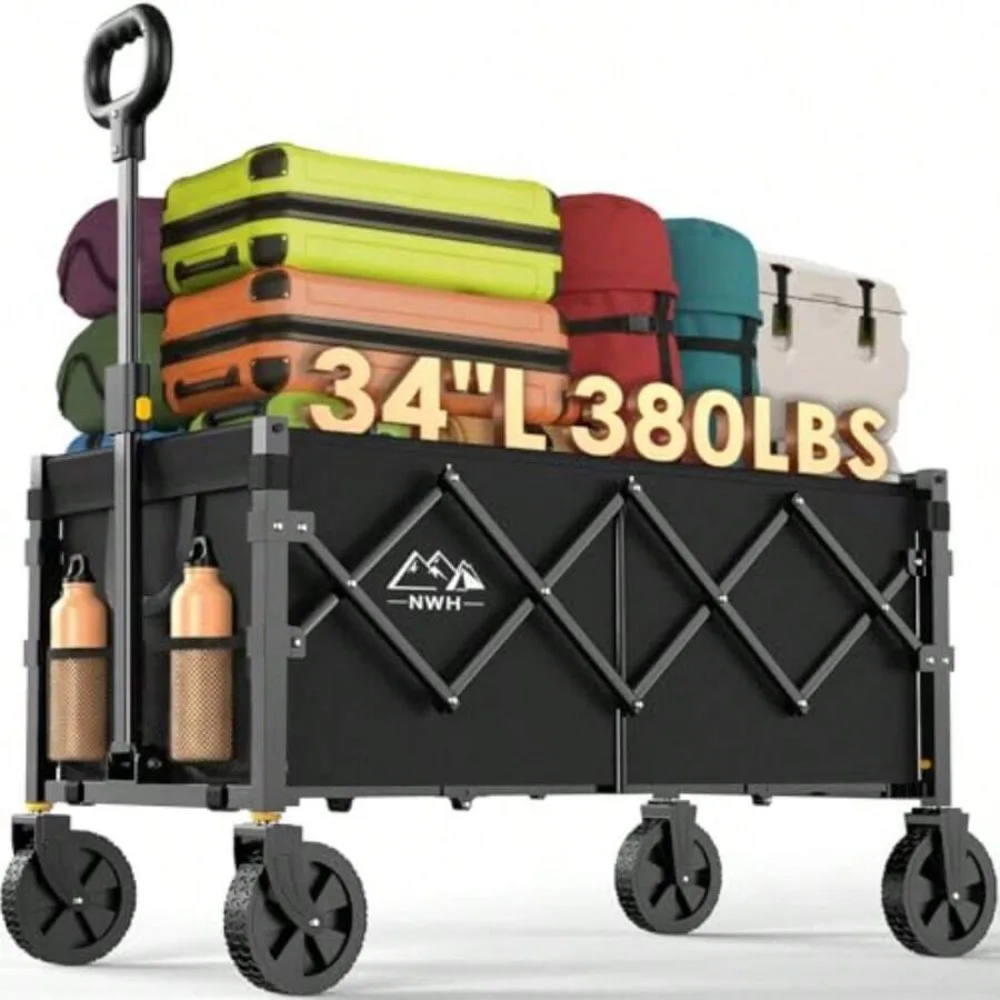 34 Inch Extra Long Collapsible Wagon, 380 lbs Heavy Duty Folding Utility Cart with All Terrain Wheels, Adjustable Handle, Side Storage Bag and Cup Holders, Portable Foldable Wagon for Beach Camping Grocery Shopping Garden Sports Travel Moving, No