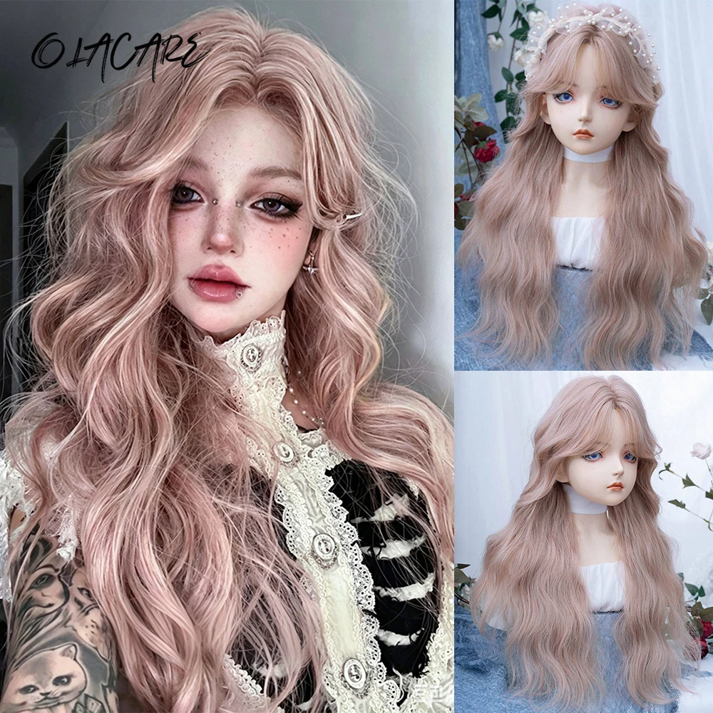 OLACARE Synthetic Lace Front Wigs Middle Part Wigs Synthetic Long Curly Wavy Blonde Pink Wig Cosplay Party Heat Resistant Women