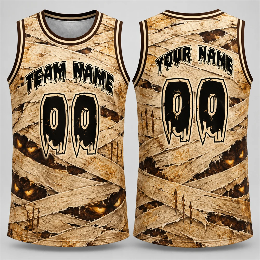 Mens Custom Halloween Basketball Tank Top Team Name Number Ghost Mummy and Skeleton Horror 3D Print Breathable Basketball Vest
