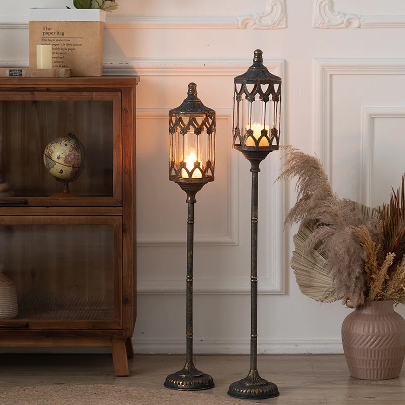 Cross-border European high-grade antique medieval wrought iron floor candlestick vertical ornament living room bedroom enhances