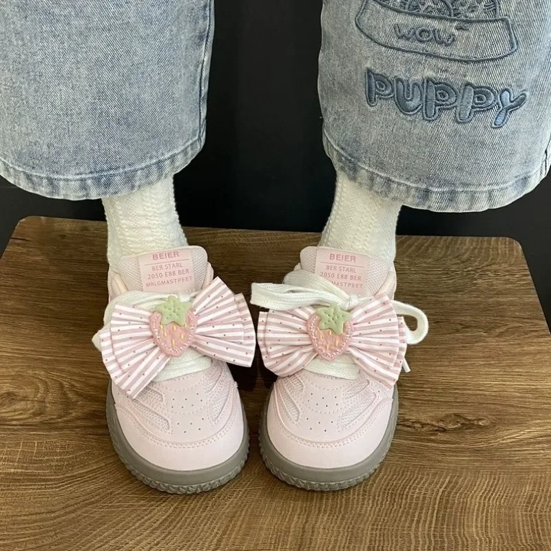 

SHANPA Strawberry Pink Womens Volcanise Shoes Cute Bow Versatile Shoes for Ladies Breathable Mesh Kawaii Platforms Shoes