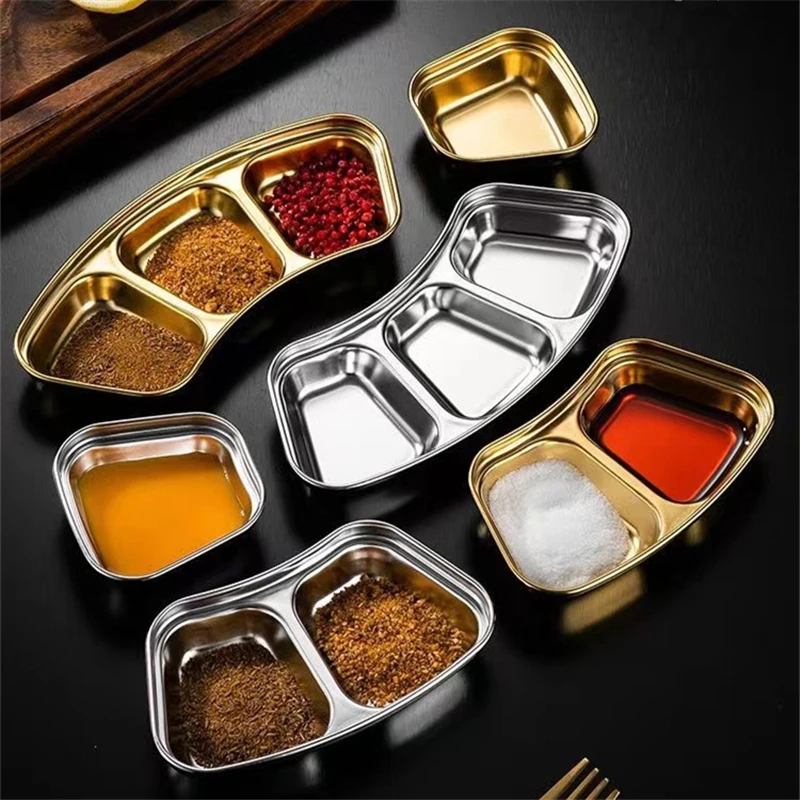

1/2/3 Grids Stainless Steel Seasoning Dish Sector Ketchup Dipping Sauce Bowls Soy Vinegar Plates Restaurant Kitchen Tableware