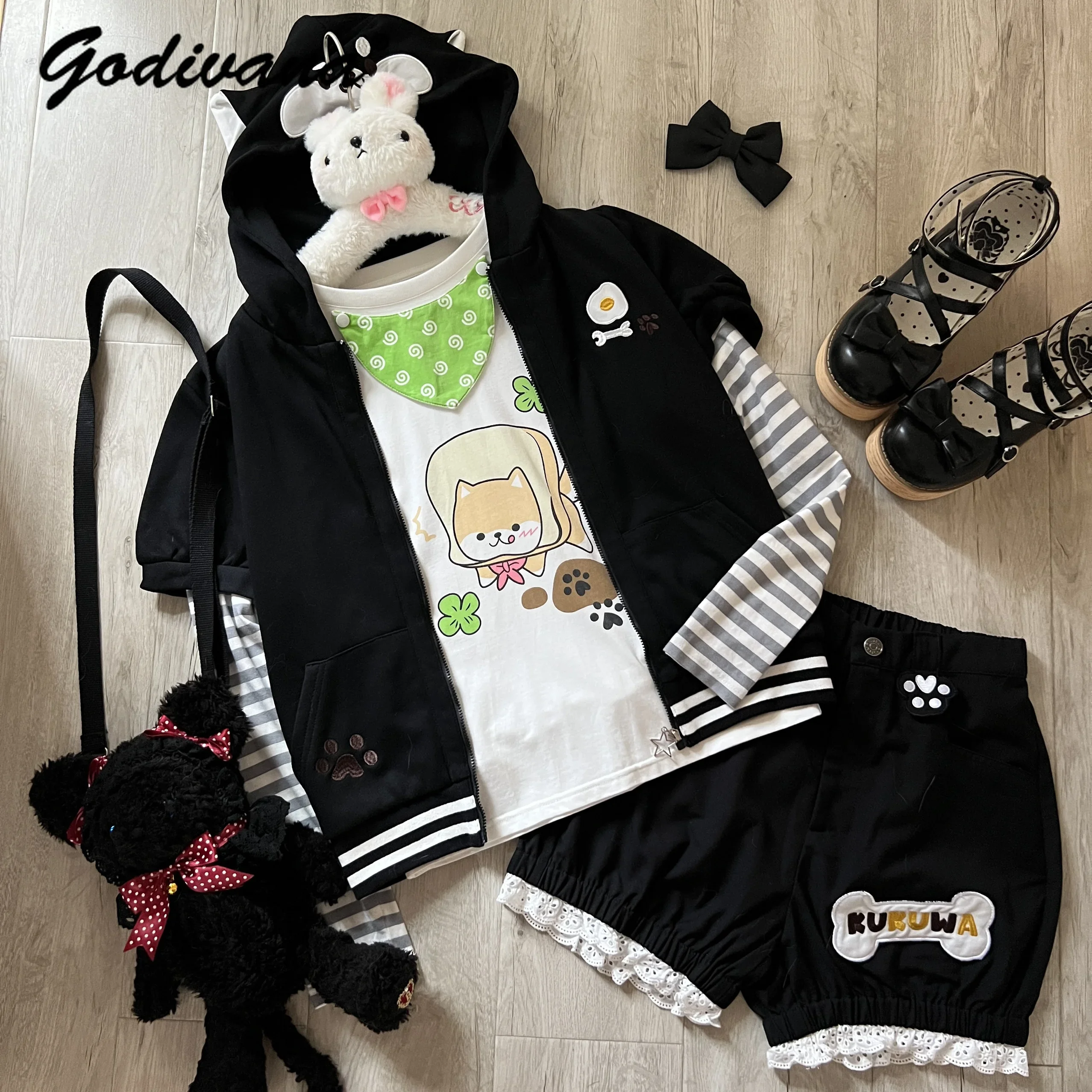 Girls Cute Embroidered Hooded Kawaii Hoodie Sweet Long Sleeve Cotton T-shirt Shorts Spring and Autumn Daughter Clothing Outfits