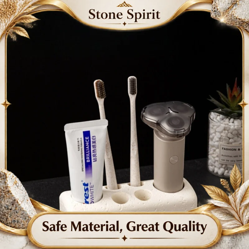 Natural Travertine Stone Toothbrush Holder with Draining Tray, Bathroom Organizer for Electric Toothpaste Razor, Home Decor Gift
