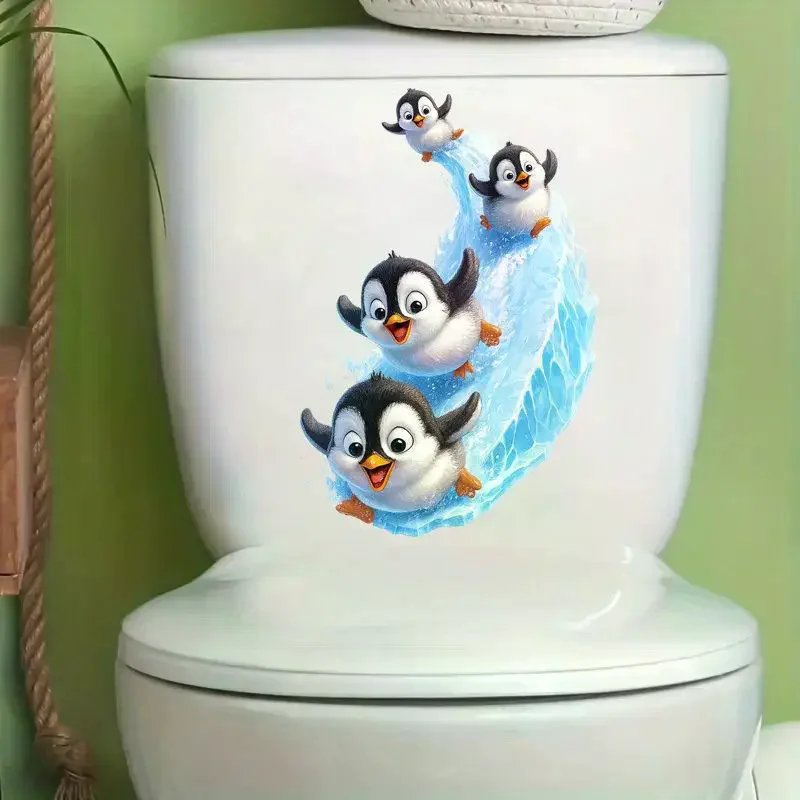 /PFU/Sliding Penguins Toilet Decoration Sticker Waterproof Self-Adhesive Bathroom Home Wall Decal Cute