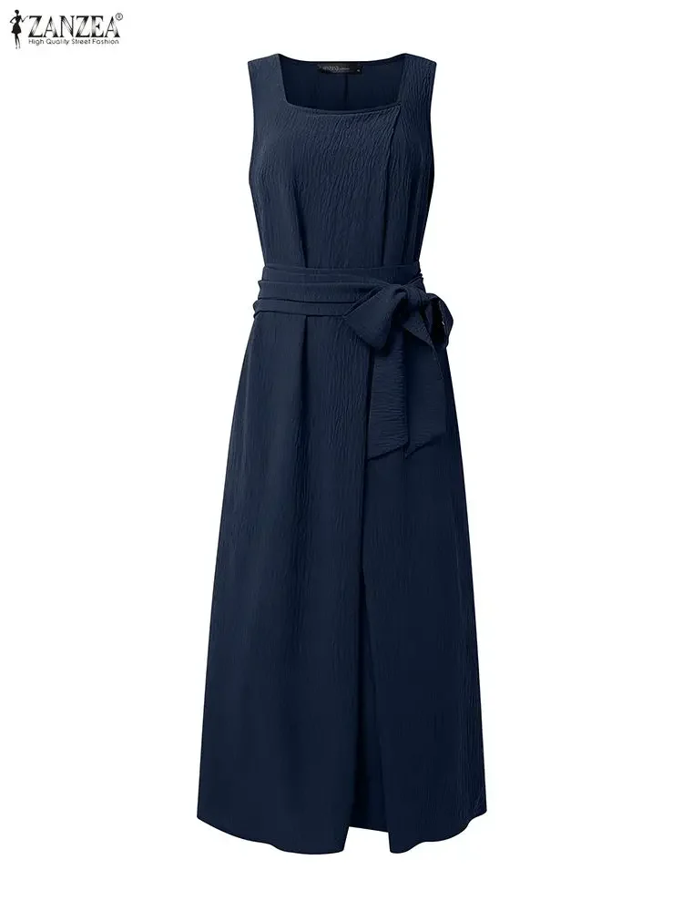 ZANZEA Langes Hemd Kleid Mode Frauen Ärmelloses Maxi Party Sommerkleid Quadrat Kragen Solide Belted Plissee Elegante Vestido Oversize