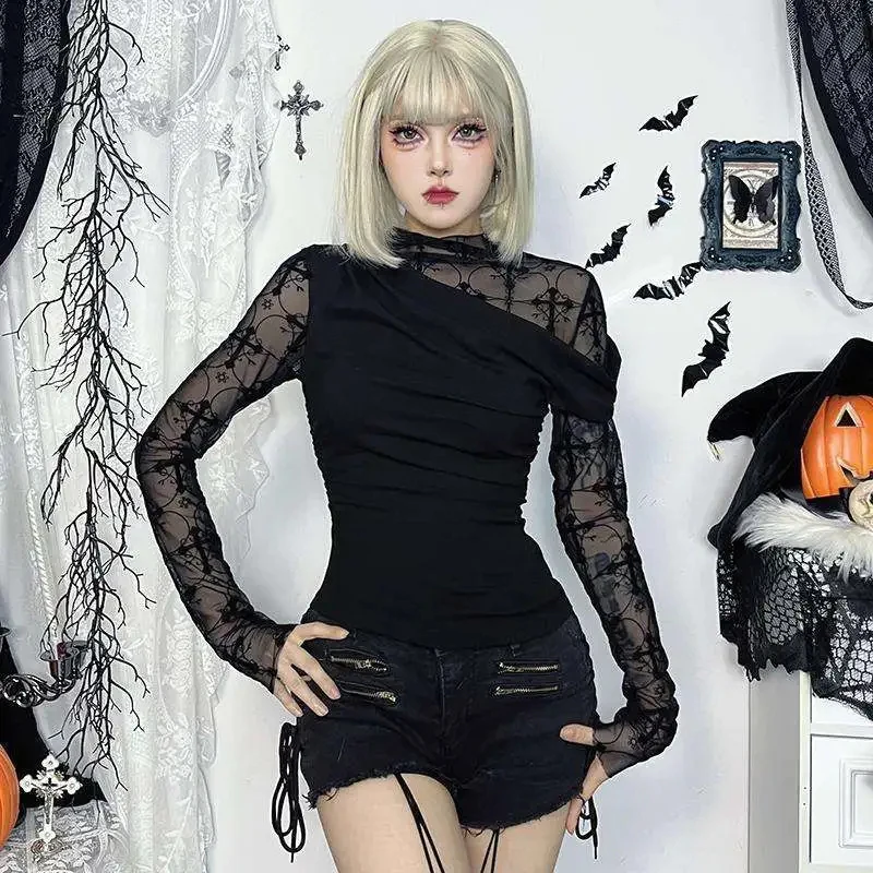 โกธิคลูกไม้สีดําเซ็กซี่ TOP Patchwork Bodycon ไม่สมมาตร Harajuku Y2K เสื้อ Street Chic STAND COLLAR Dark EDGE เสื้อแฟชั่น