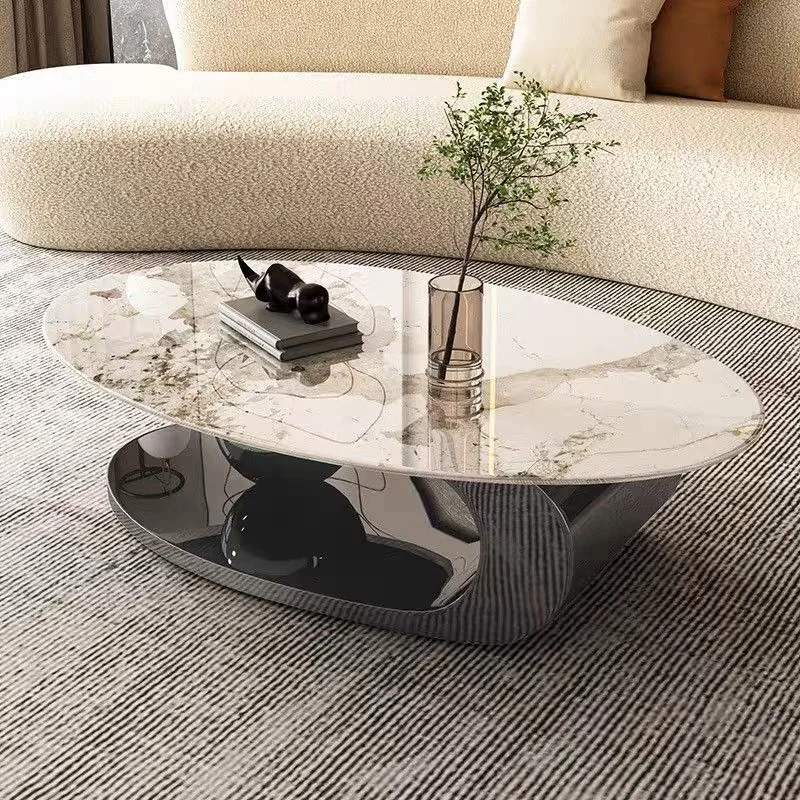 Oval Table For Home Stable Stainless Steel Frame In Black Or Gold Smooth Rock Panel Desktop Low Living Room Center Coffee Table