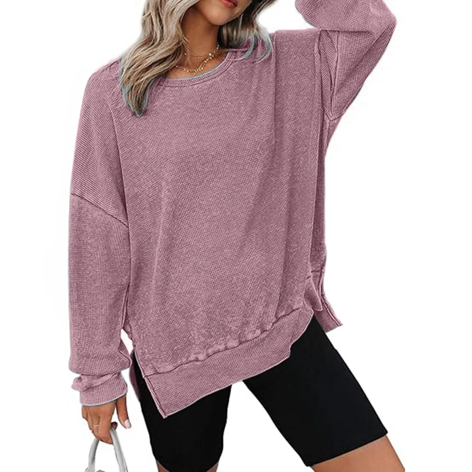 Women's Autumn New Round Neck Long Sleeve Side Split Hoodie Kpop Pullovers Loose Sweatshirt