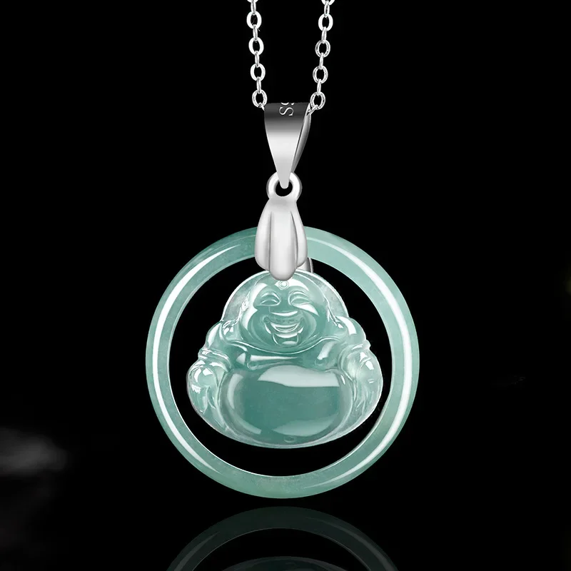 

Jia Le/ S925 Silver Inlaid Natural Jade Blue Water Heart Buddha Necklace Men and Women Pendant Fashion Couple Accessories Amulet