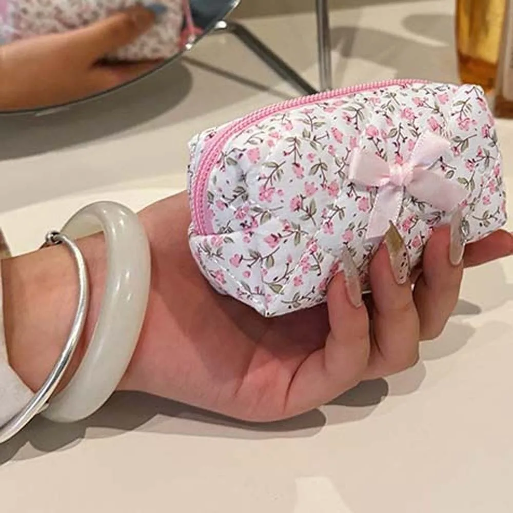 Embroidered Bowknot Mini Makeup Bag Floral Print Quilted Lattice Quilted Cosmetic Pouch Multi Patterns Zipper Closure