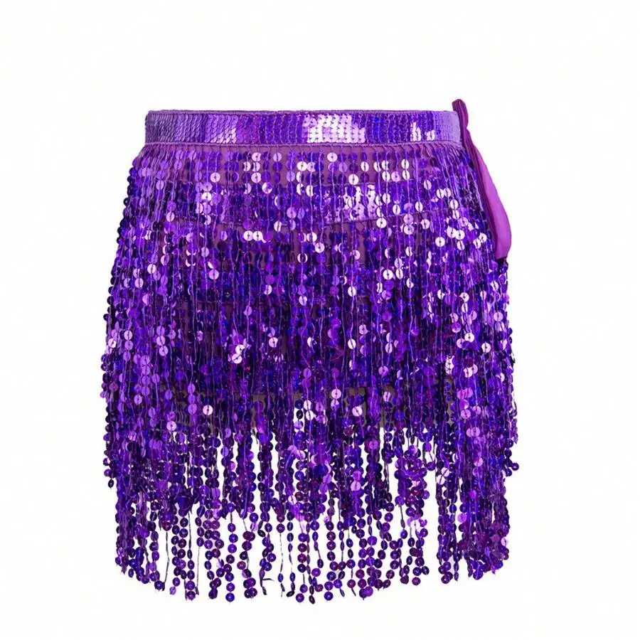 

Purple Sequin Tassel Hip Scarf Belly Dance Performance Skirt