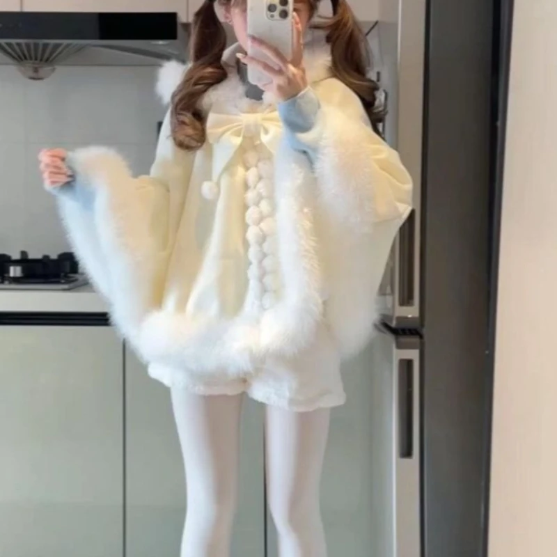 2026 اليابانية لوليتا نمط الصوف مقنعين عباءة جاكيتات النساء Y2k الجمالية أفخم المرقعة معطف Harajuku الحلو القوس سترة فضفاضة