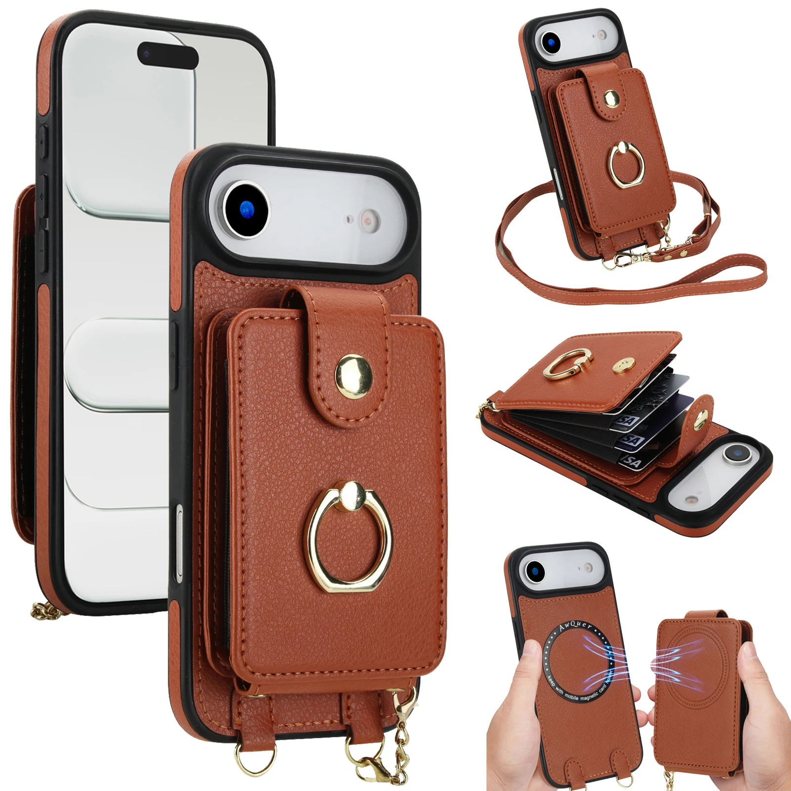 

Кожаный чехол-кошелек с магнитной молнией 2 в 1, чехол-бумажник для iPhone 17 Pro Max 16 Plus 15 14 13 12 11 с длинным ремешком