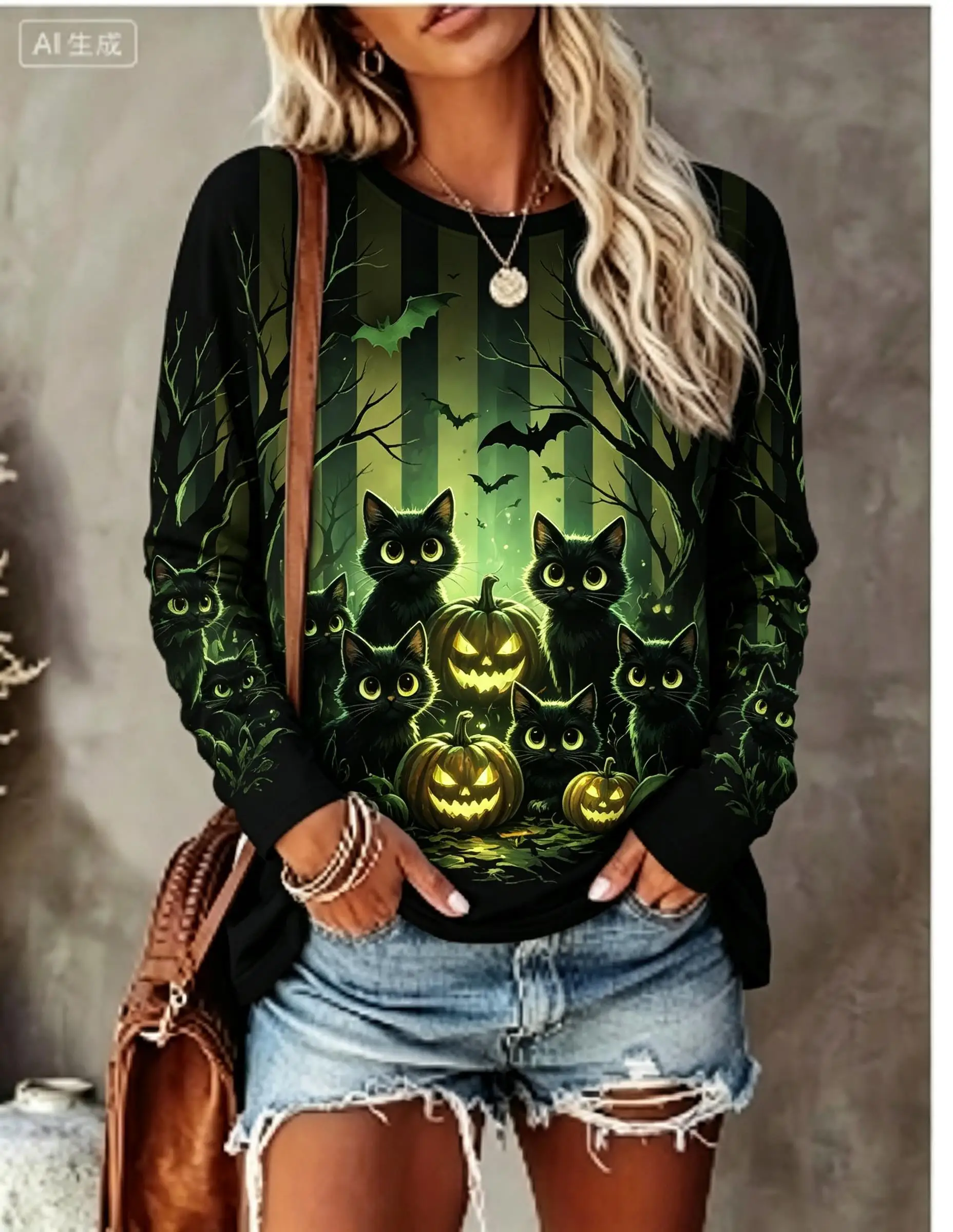 Camiseta de manga larga para mujer de Halloween con estampado de gato negro, calabaza, murciélago y rayas del bosque, cuello redondo.