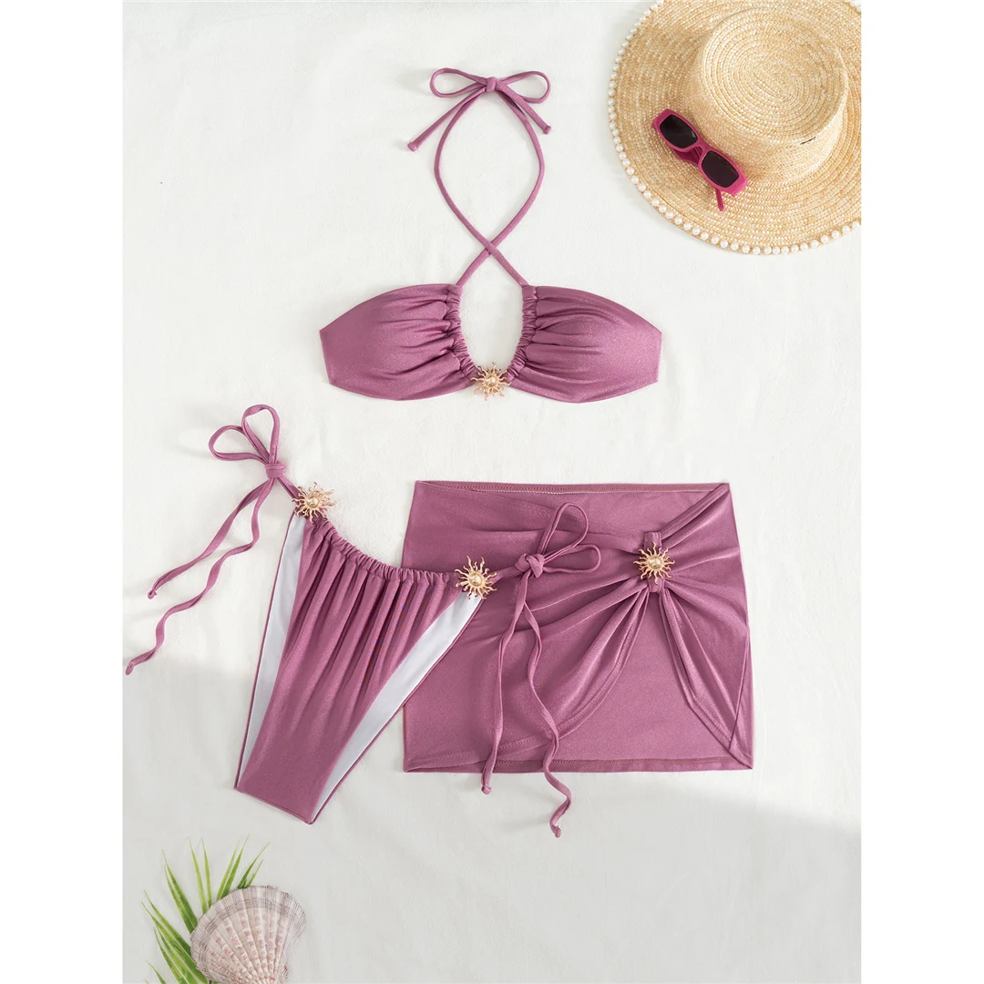 Neuer schwarzer, sexy Bikini mit Rock, Neckholder-Bikini, Damen-Badeanzug, dreiteiliges Bikini-Set, Badebekleidung, Badeanzug, Schwimmbekleidung V6398B – Detail 18