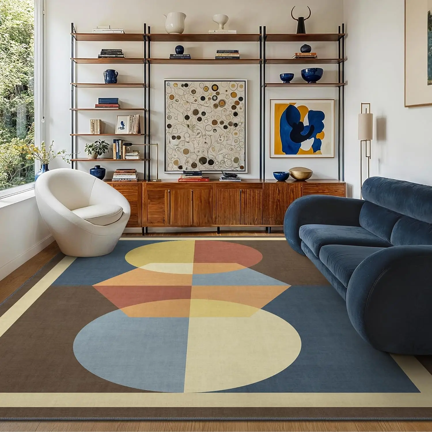 Retro Mid-Century Modern Machine Washable Rug, Funky Colorful or Neutral Style, Non Slip Thin Office Rug, Abstract Non-Shedding