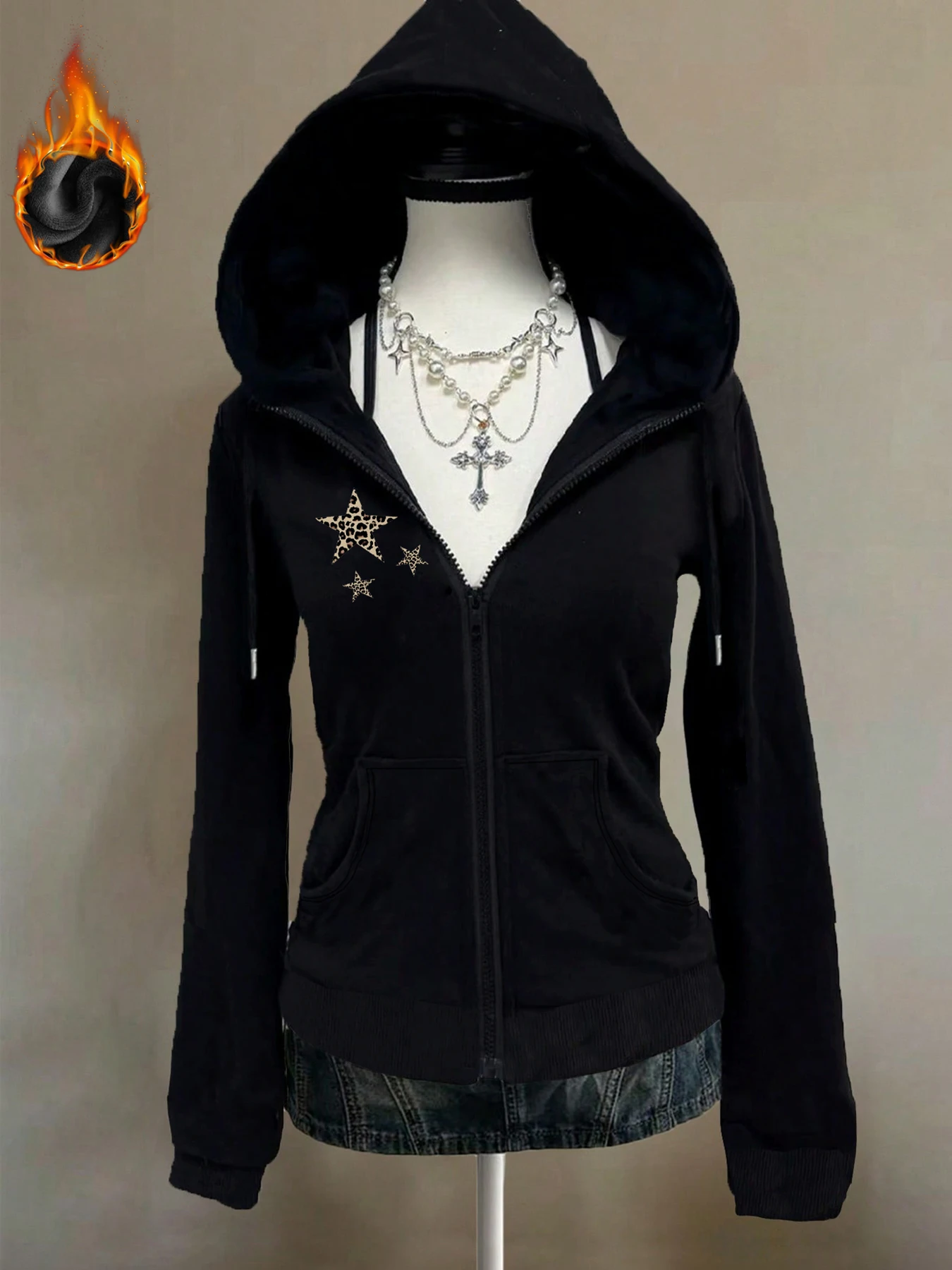 

Winter Y2k Gothic print thick heavy velvet black hooded zipper jacket slim temperament women's jacket casual lazy commuter style