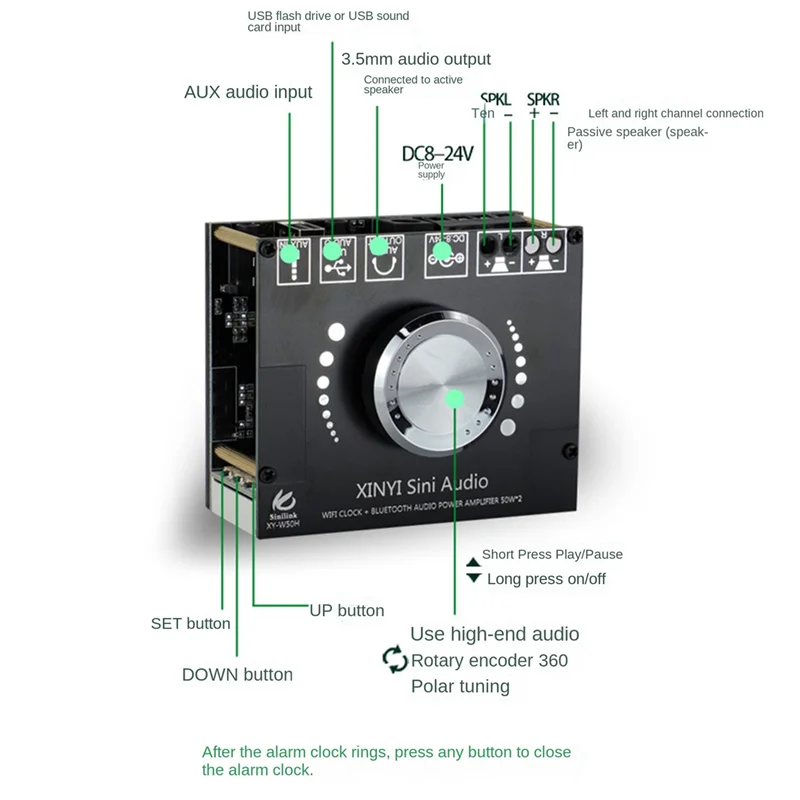 XY-W50H HIFI Level 50Wx2 Stereo Bluetooth Digital Amplifier Module with WIFI Timing Clock BT5.0 Audio Module DC8-24V