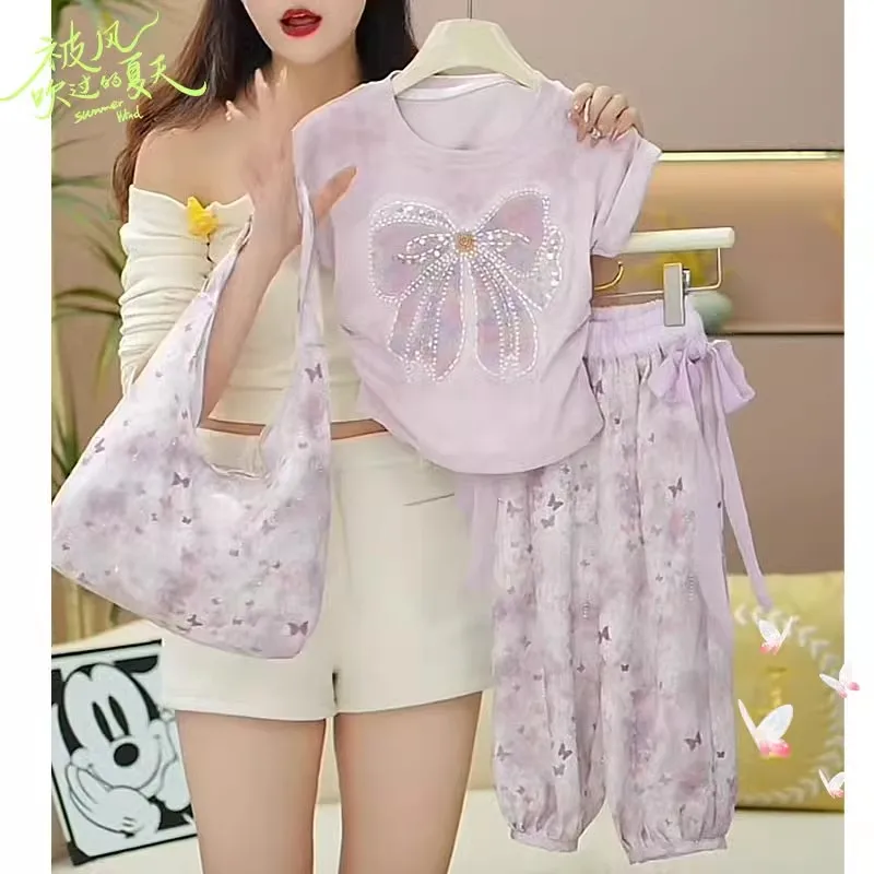 2025 summer bow T-shirt floral pants three-piece set