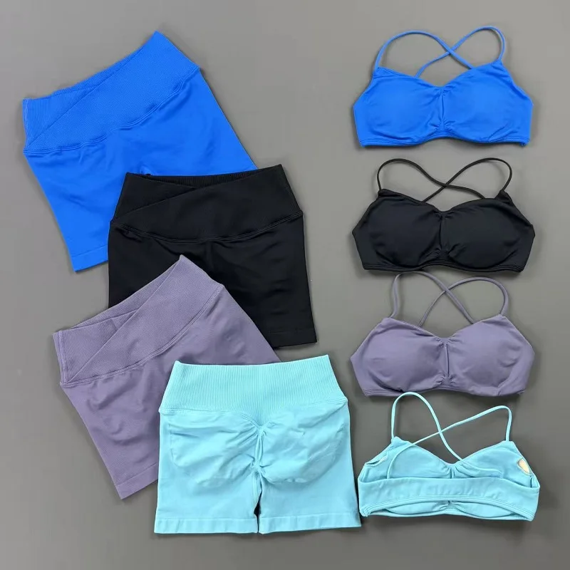 HISTELLO Vision Sports Sets Seamless Breathable Yoga Bra Cross V Waist Tummy Control Shorts Set Gym Workout Fitness Sportswear