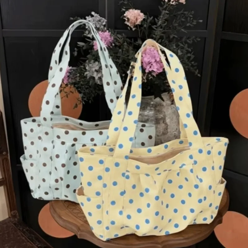 Large-capacity Pleated Polka-dot Tote,korean Women's Commuting Shopping Bag Lightweight Female Shoulder Bag Travel Storage Tote