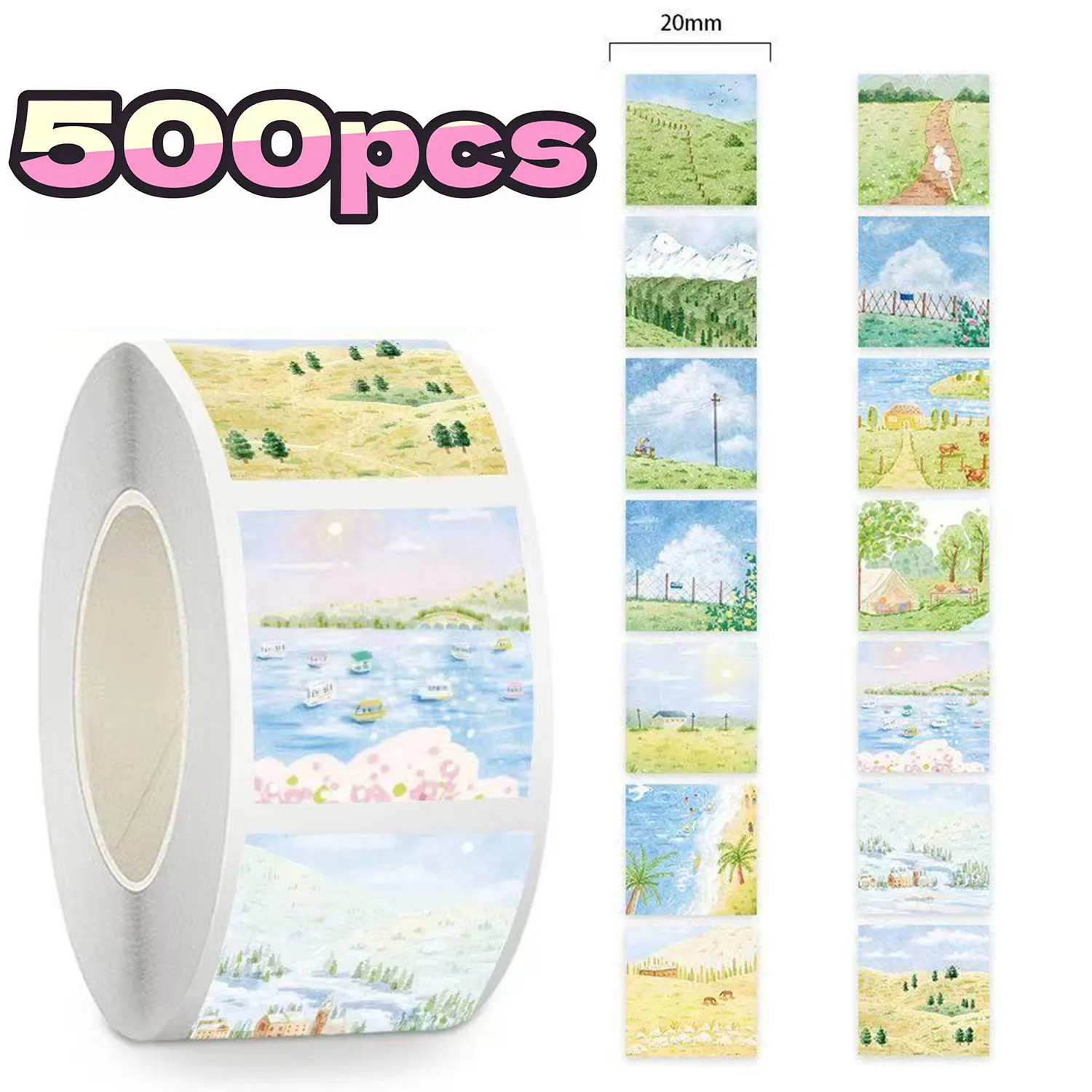 500Pcs/Roll INS Aesthetic Floral Scenery Stickers Cute Sealing Washi Labels for Scrapbooking Journal Handmade Package DIY Decor